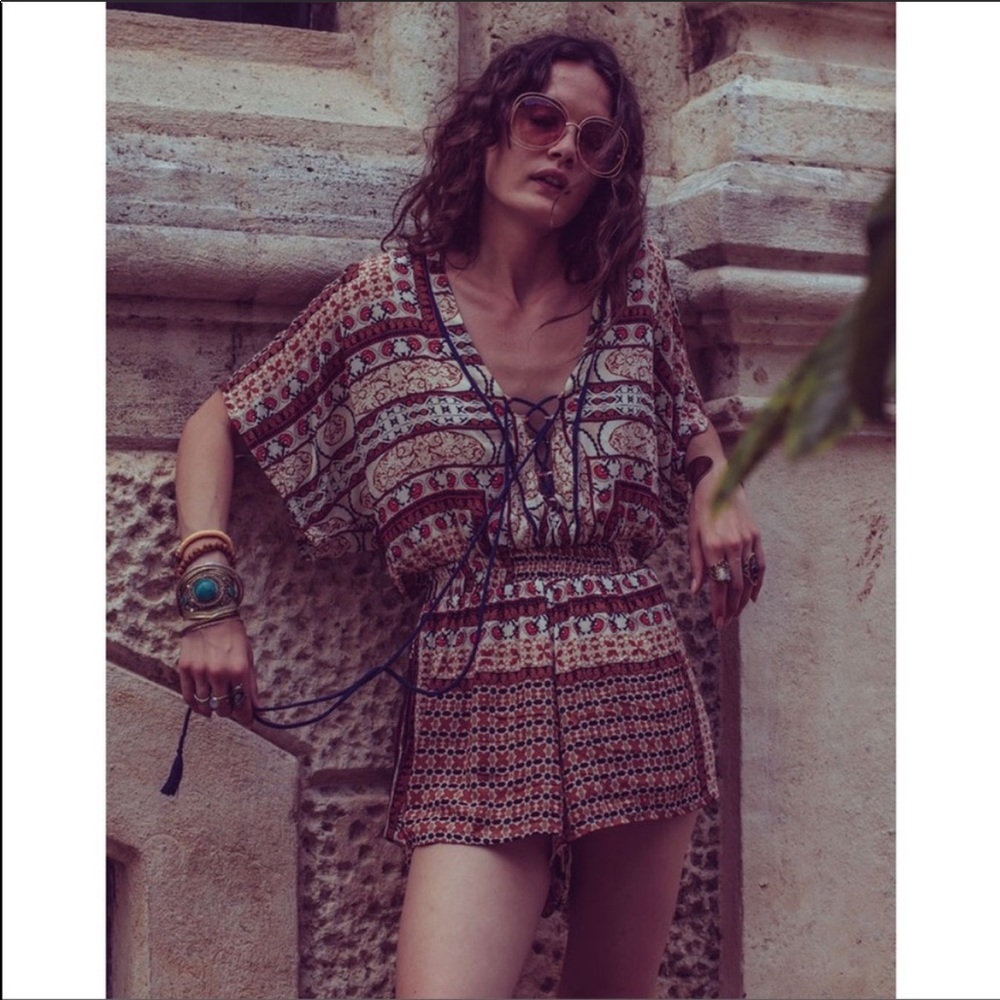 Cleobella printed romper with lace up